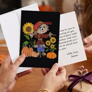 Skurriler Herbst-Vogelscheuche und Sonnenblumen Karte