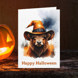 Skurriler Highland-Kuh Orange Hexenhut Halloween Karte