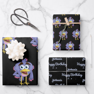 Skurriler lila Vogel Cartoon koordiniertes Geschen Geschenkpapier Set
