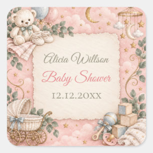 Skurriler Rosa Teddybär Baby Shower Quadratischer Aufkleber