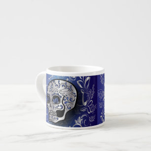 Skurriler Saphirblauer und silberner Totenkopf Espressotasse