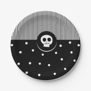 Skurriler Totenkopf Schwarz & Weiße Polka Punkte & Pappteller