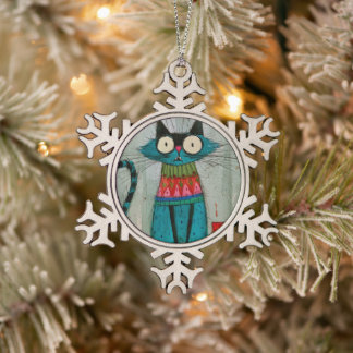 Skurriler Weihnachts-Pullover-Katze Schneeflocken Zinn-Ornament