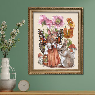 Skurriles Bunnerfly- und Kaninchen-Aquarell-Kunstw Poster