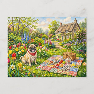 Skurriles Cottage-Garten-Picknick-Mops-Illustratio Feiertagspostkarte