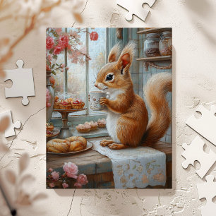 Skurriles Eichhörnchen beim Teetrinken Café Kunst Puzzle
