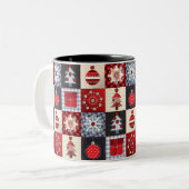 Skurriles Gingham-Weihnachts-Patchwork-Muster Zweifarbige Tasse (Vorderseite Links)
