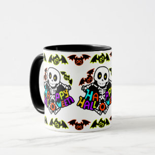 Skurriles Halloween-Skelett- und Fledermausdesign Tasse