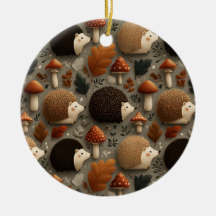 Skurriles Herbst-Igel- und Pilzmuster Keramik Ornament
