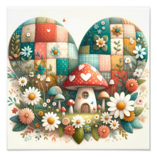 Skurriles Patchwork-Herz-Pilzhaus Fotodruck