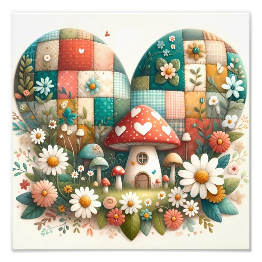 Skurriles Patchwork-Herz-Pilzhaus Fotodruck (Vorne)