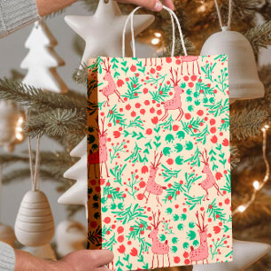 Skurriles Rosa-Rentier- und Winterlaubmuster Mittlere Geschenktüte