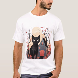 Skurriles Schwarzes-Katze-Spookhaus-T-Shirt T-Shirt