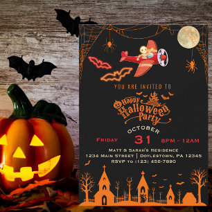 Skurriles Skelett fliegt Halloween-Flugzeugparty Einladung