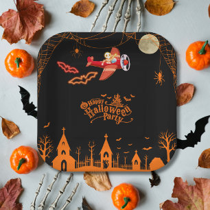 Skurriles Skelett fliegt Halloween-Flugzeugparty Pappteller