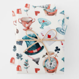 Skurriles Wunderland-Teeparty-Muster Geschenkpapier Set