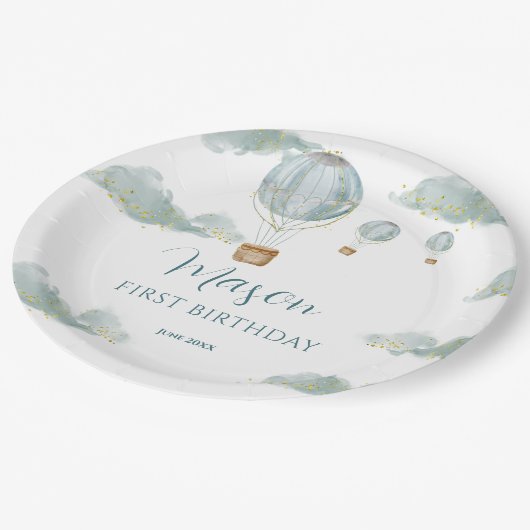 Sky Adventure Blue Heißluftballon Erster Geburtsta Pappteller (Schrägansicht)