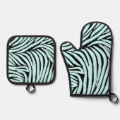 Sky Aqua Blue Black Zebra Print Ofenhandschuh & Topflappen-Set (Vorderseite)