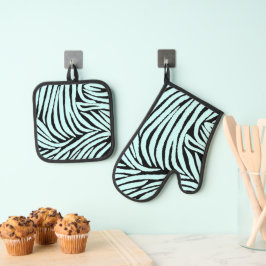 Sky Aqua Blue Black Zebra Print Ofenhandschuh & Topflappen-Set