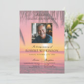 Sky Beach Sunset Feier des Lebens Beerdigung Foto Einladung (Stehend Vorderseite)