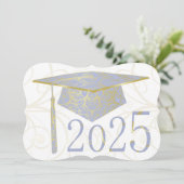 Sky Blue and Gold Floral Cap 2025 Graduation Party Einladung (Stehend Vorderseite)
