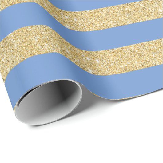 Sky Blue and Gold Glitzer Stripes Wrapping Paper Geschenkpapier (Rolleneckpunkt)