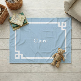 Sky Blue and White Greek Key Monogram Fleecedecke