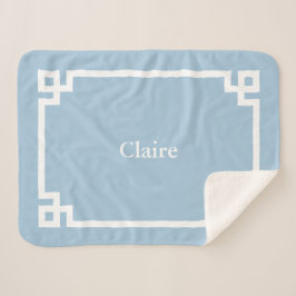 Sky Blue and White Greek Key Monogram Sherpadecke