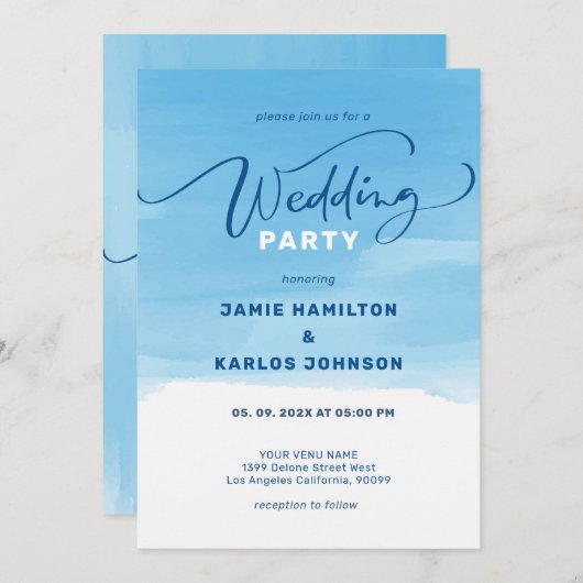 Sky-blue Aquarellhintergrund Elegante Typografie Einladung (Vorne/Hinten)