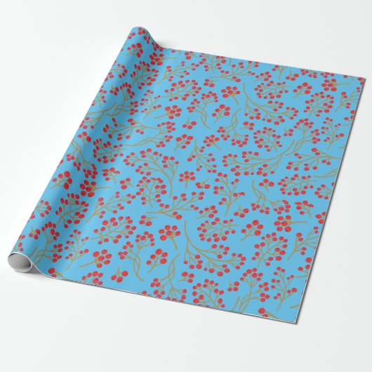 Sky Blue Background mit Red Fruit Wrapping Paper Geschenkpapier (Ungerollt)