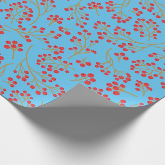 Sky Blue Background mit Red Fruit Wrapping Paper Geschenkpapier (Ecke)
