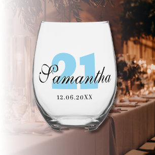Sky Blue Birthday Number   Black 3D Name Date Weinglas Ohne Stiel