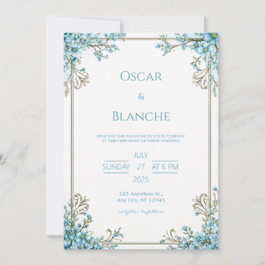 Sky Blue Blossom Elegant Gold Frame Wedding Einladung (Vorderseite)