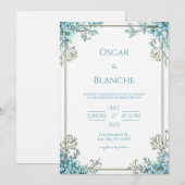 Sky Blue Blossom Elegant Gold Frame Wedding Einladung (Vorne/Hinten)