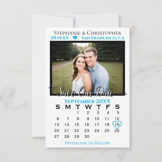 Sky Blue Calendar & Foto Wedding Rette unser Datum Karte (Vorderseite)