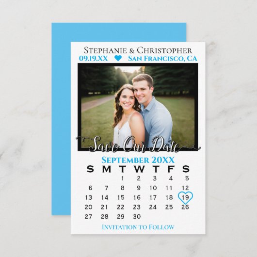 Sky Blue Calendar & Foto Wedding Rette unser Datum Karte (Vorne/Hinten)