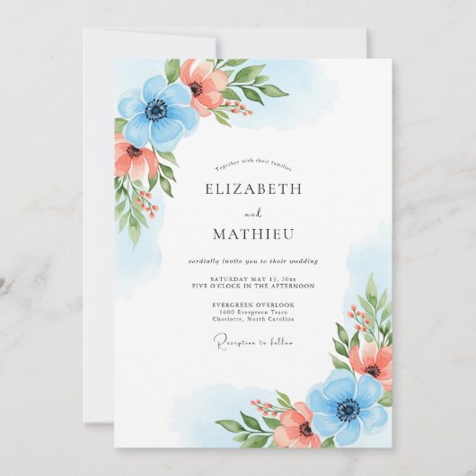 Sky Blue Coral Bloom Wedding Einladung (Vorderseite)