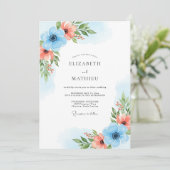 Sky Blue Coral Bloom Wedding Einladung (Stehend Vorderseite)