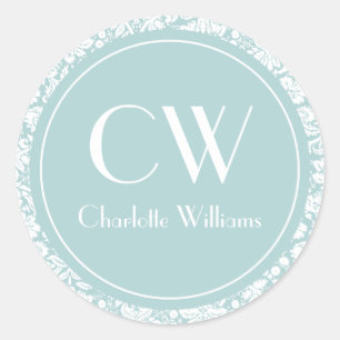 Sky Blue Damask Monogram Runder Aufkleber