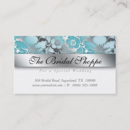 Sky Blue Damask Wedding Floral Silver Visitenkarte