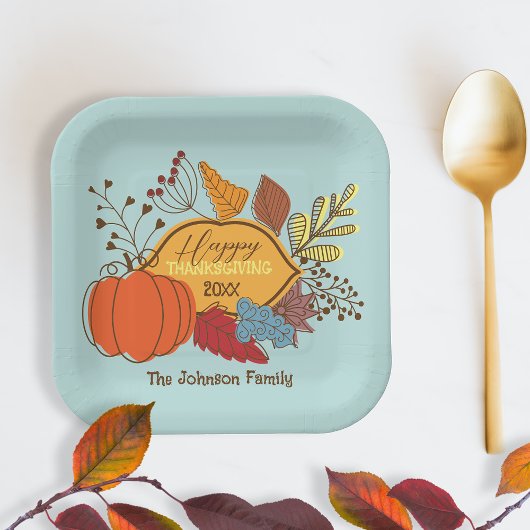 Sky Blue Fall Foliage Pumpkin Erntedank Dinner Pappteller