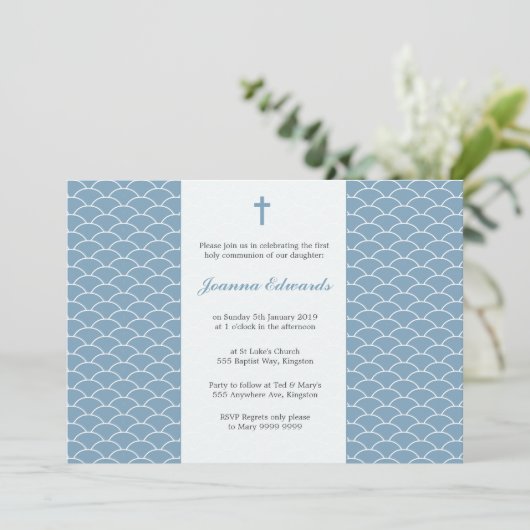 Sky Blue First Communation Personalisiert Invites Einladung (Stehend Vorderseite)