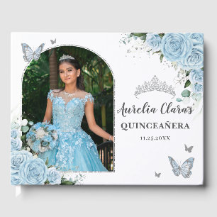 Sky Blue Floral Butterfells Quinceañera Foto Gästebuch