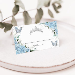 Sky Blue Floral Butterflies Quinceañera XV 16 Platzkarte