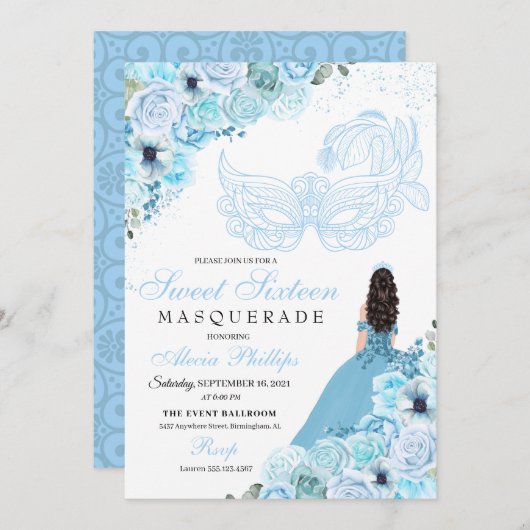 Sky Blue Floral Masquerade Sweet 16 Einladung (Vorne/Hinten)