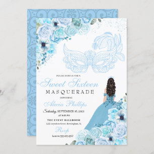 Sky Blue Floral Masquerade Sweet 16 Einladung