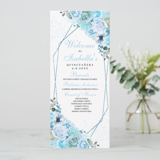 Sky Blue Floral Quinceanera Programm (Stehend Vorderseite)