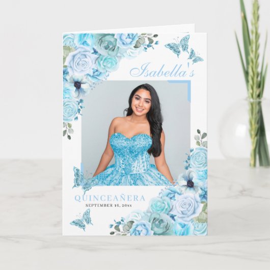 Sky Blue Floral Quinceanera Tiara Butterflies Programm (Vorderseite)