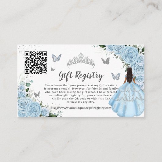 Sky Blue Floral Silver Quinceañera Geschenkregiste Begleitkarte (Vorderseite)