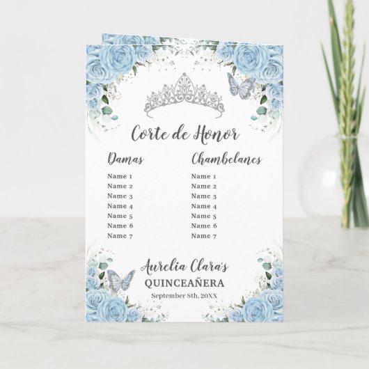 Sky Blue Floral Silver Quinceñera Orden der Ereign Programm (Rückseite)